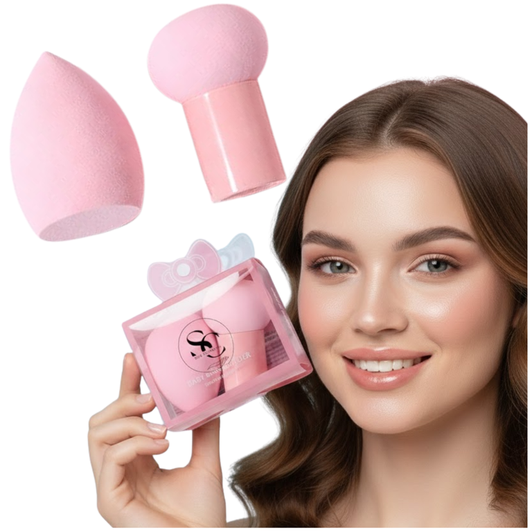 2x Gąbka do Makijażu zestaw Blender do twarzy + Gąbeczka z rączką Różowe SEOL